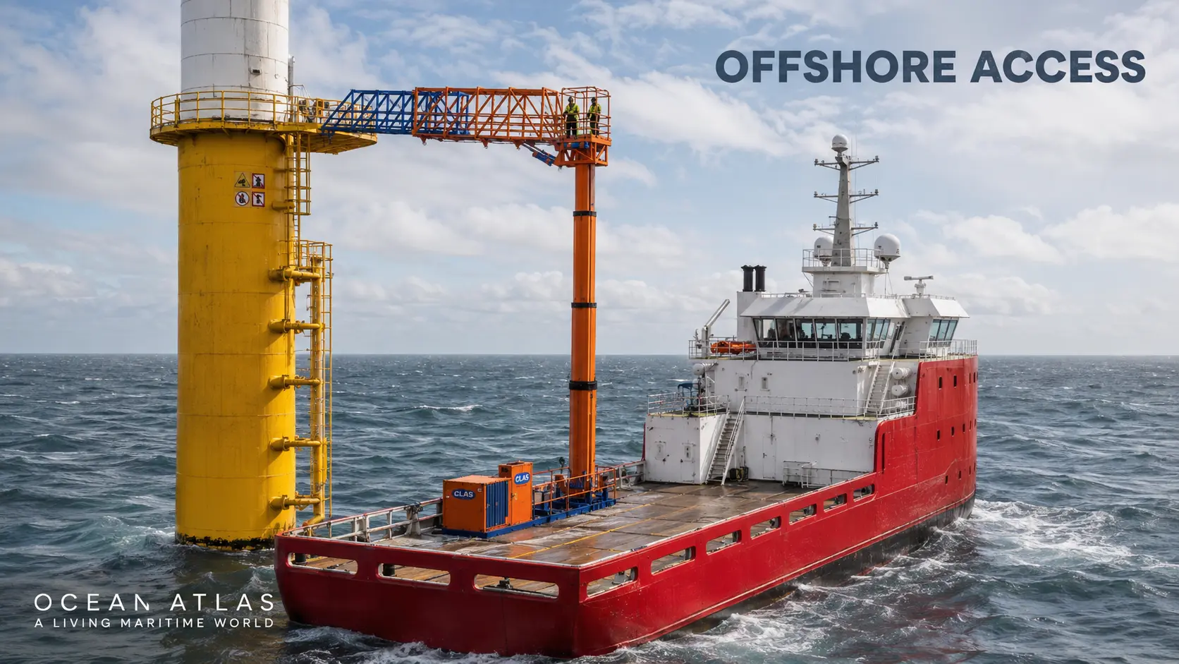 Photorealistic concept visualisation of an offshore gangway connecting a support vessel to a wind structure