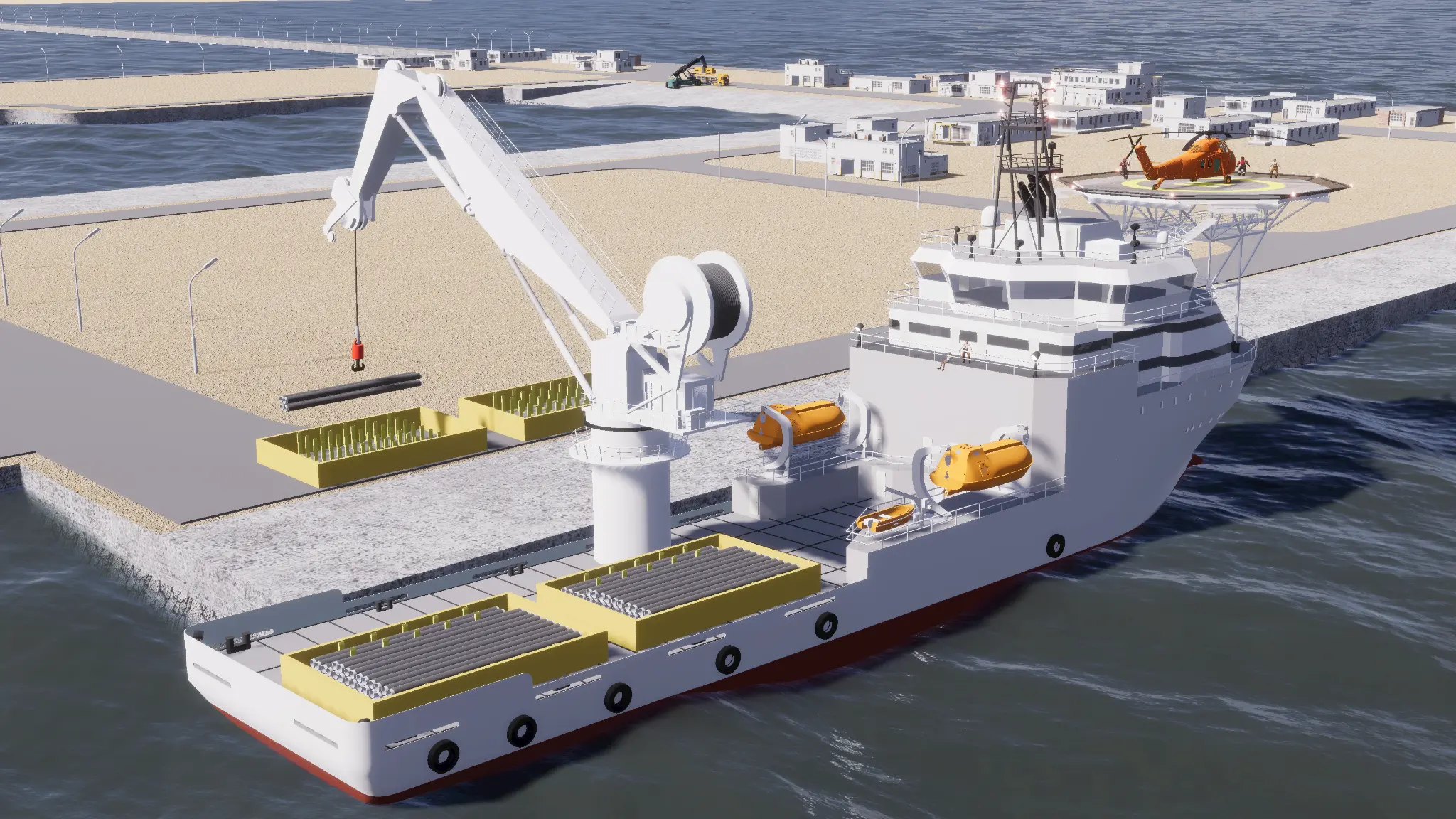 Pipe-handling support vessel with crane, cargo stillages and helicopter deck