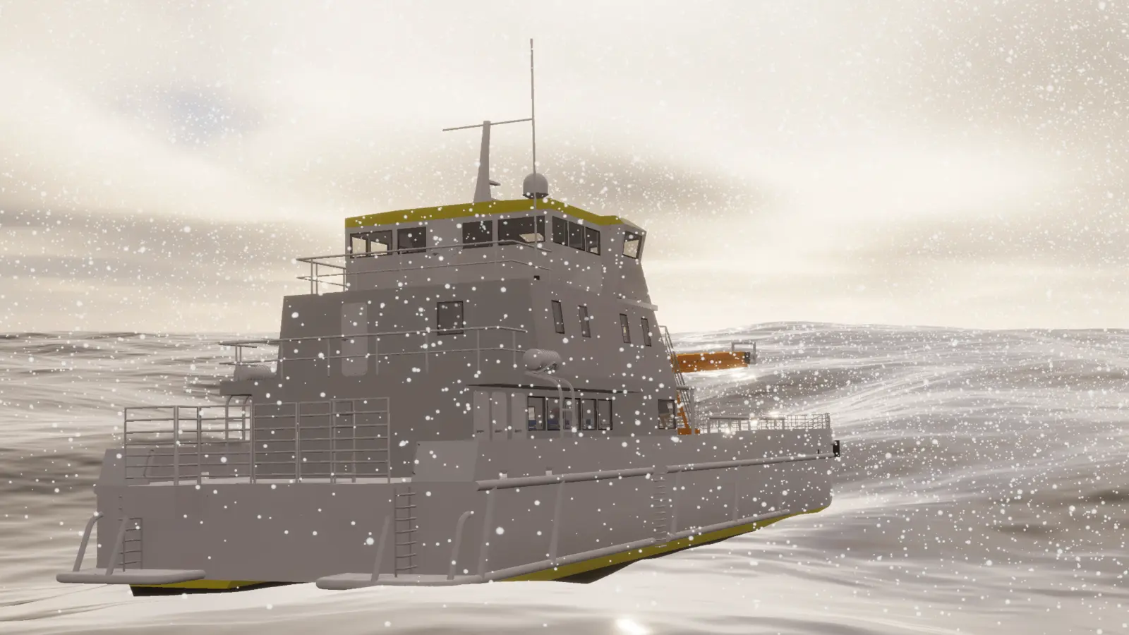 Offshore service vessel operating in heavy snow and rough seas